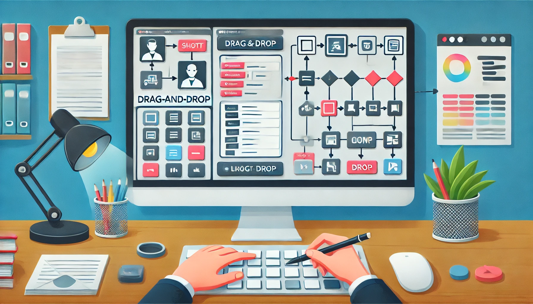 un impiegato sta facendo delle operazioni drag and drop. il drag and drop è alla base del low code development
